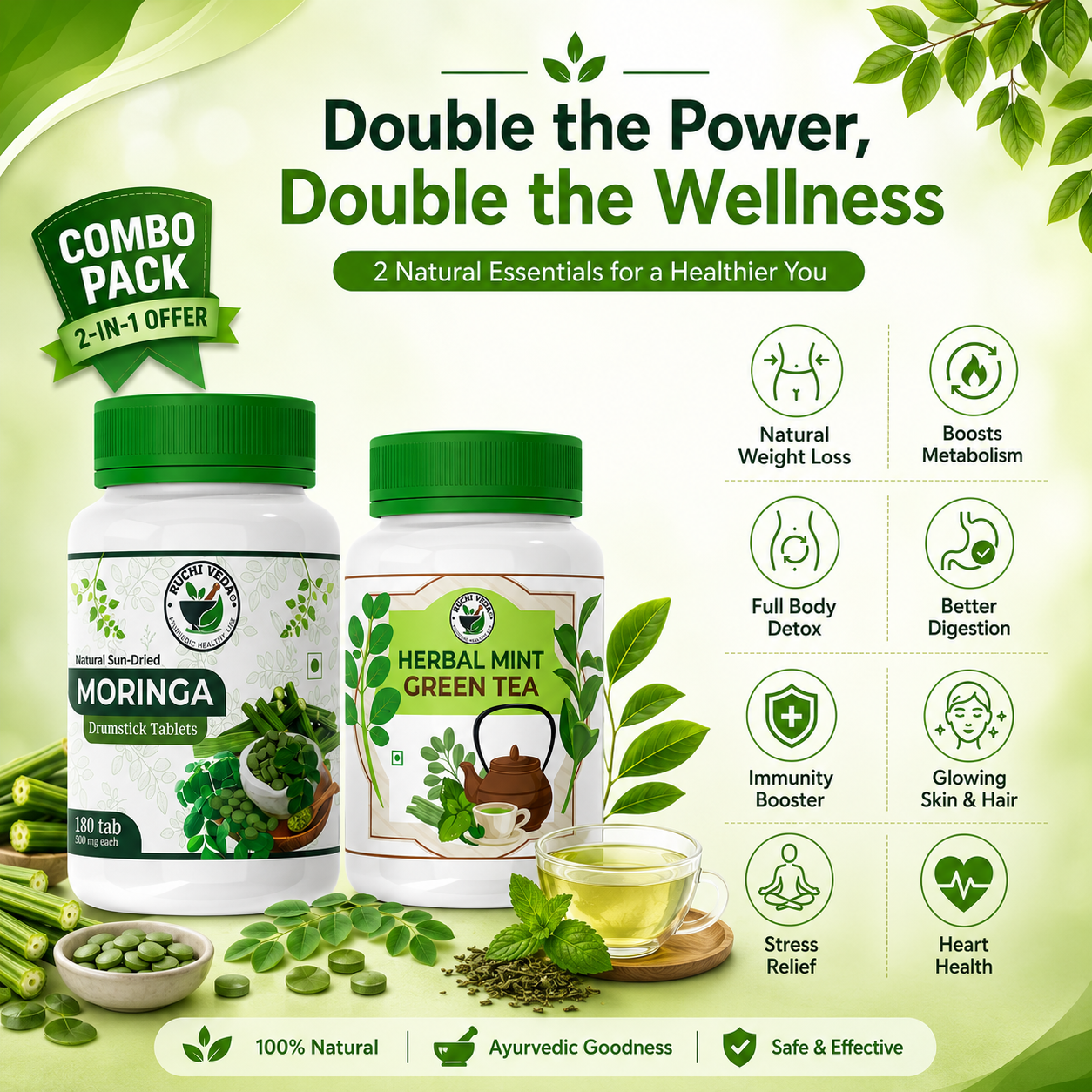 WEIGHT AND FAT LOSS COMBO | MORINGA TABLETS + HERBAL MINT GREEN TEA | NATURAL DETOX & METABOLISM SUPPORT