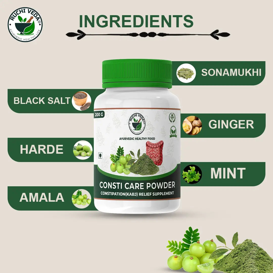 ingredients of consti-care powder, ruchi veda, how to relieve constipation
