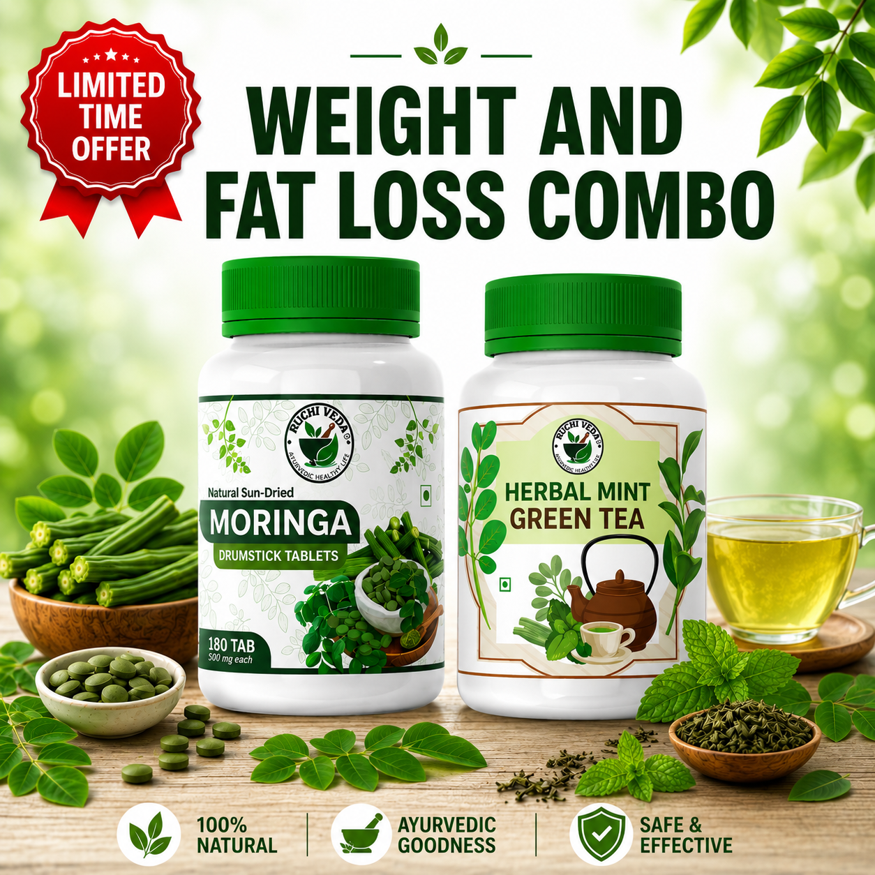 WEIGHT AND FAT LOSS COMBO | MORINGA TABLETS + HERBAL MINT GREEN TEA | NATURAL DETOX & METABOLISM SUPPORT