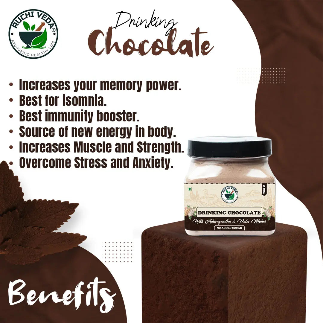 ashwagandha chocolate powder, ruchi veda, hot cocoa powder