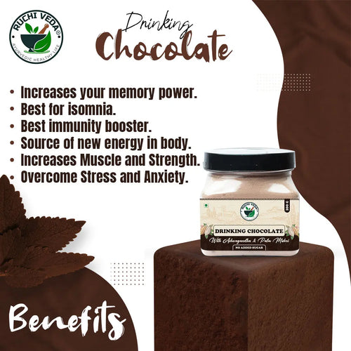 benefits of ashwagandha chocolate powder, ruchi veda, chocolate drink mix