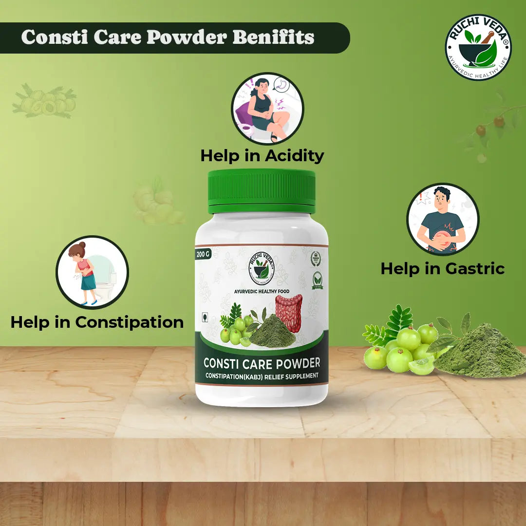 benefits of consti-care powder, ruchi veda, foods for constipation relief