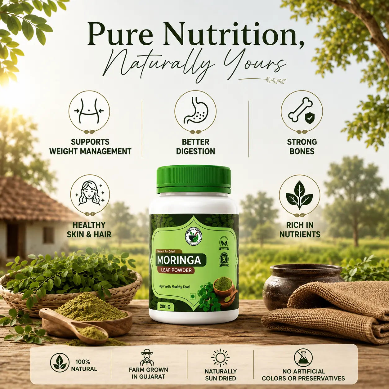 Premium Moringa Leaf Powder 100% Natural & Sun-Dried 200g